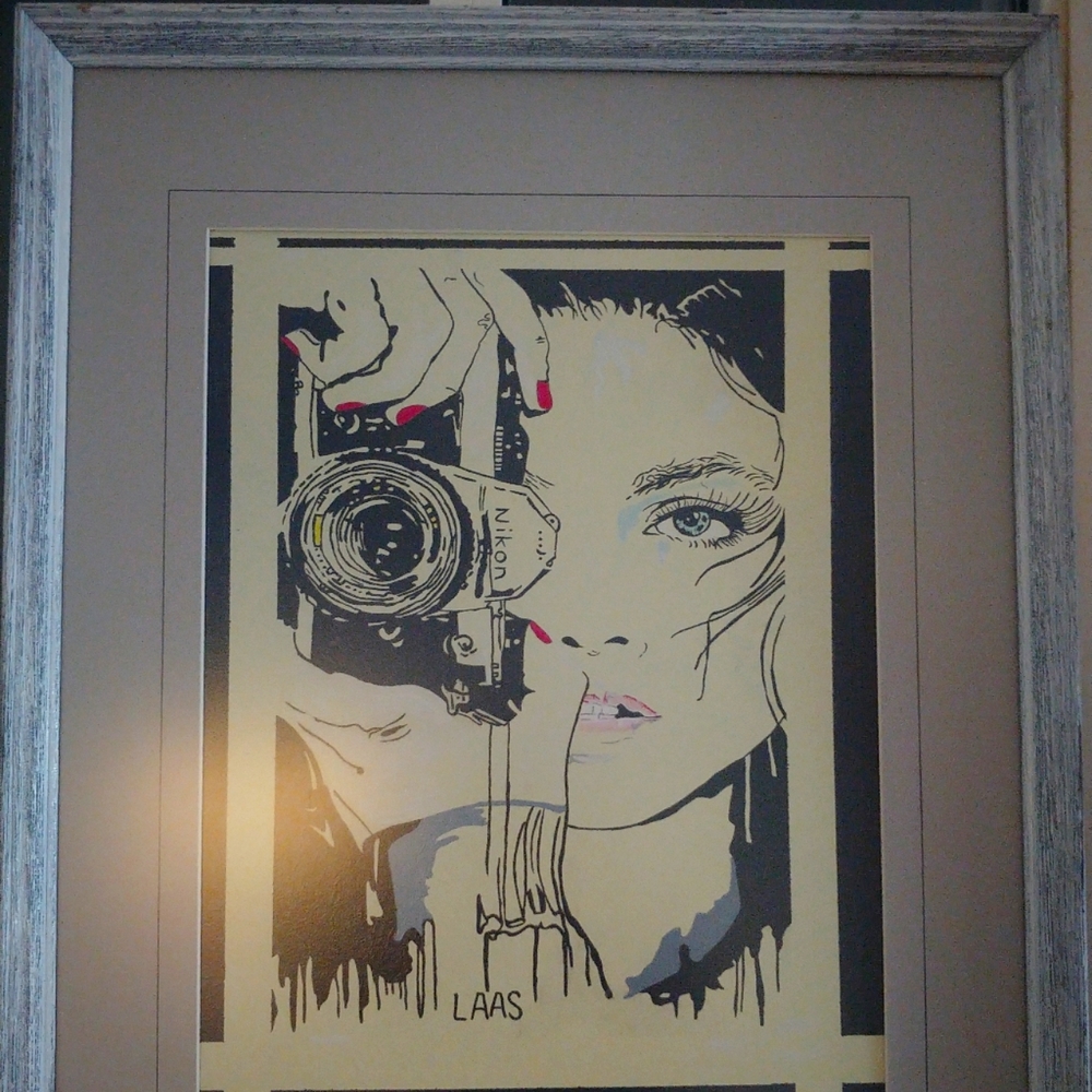 Framed drawing picture - girl with the camera